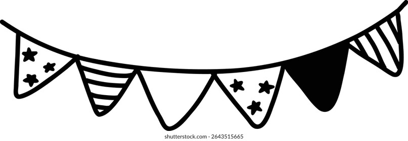 Cute hand drawn 4th of july usa america independence day triangle doodle stars and stripes pattern birthday bunting flag garland black white patriotic theme kids vector illustration design clipart