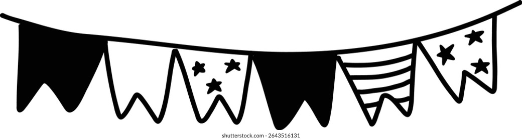 Cute hand drawn 4th of july usa america independence day doodle bunting flag garland black white patriotic theme birthday kids vector illustration design clipart