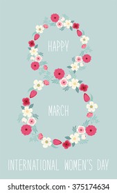 Cute hand drawn 8 March card with different first spring flowers and hand written text