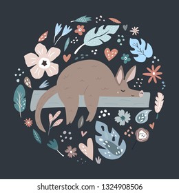 Cute hand drawn aardvark character with decorative floral elements. Travel greeting card, print for t-shirts