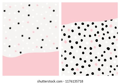 Cute Hand Drawn Abstract Brush Irregular Dots and Stars Vector Layout Set. Black, White, Gray and Pink Brush Spots and Stars. Light Grey Surface with Pink Fragment of the Background. Bright Graphic