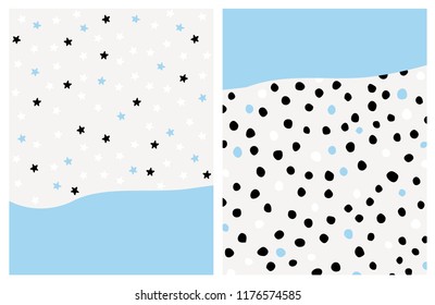 Cute Hand Drawn Abstract Brush Irregular Dots and Stars Vector Layout Set. Black, White, Gray and Blue Brush Spots and Stars. Light Grey Surface with Blue Fragment of the Background. Bright Graphic