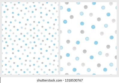 Cute Hand Drawn Abstract Brush Irregular Dots Vector Pattern Set. Gray and Blue Brush Dots on a White Backgrounds. Bright Watercolor Like Design. Simple Dotted Layout.