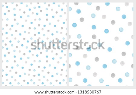 Cute Hand Drawn Abstract Brush Irregular Dots Vector Pattern Set. Gray and Blue Brush Dots on a White Backgrounds. Bright Watercolor Like Design. Simple Dotted Layout.
