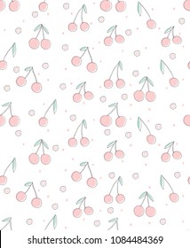 Cute Hand Drawn Abstract Cherries Vector Pattern. Light Red Cherries Isolated on a White Background.Pastel Colors Friuts Vector Design. Irregular Intantile Repeatable Cherries Design.Tiny Pink Hearts 