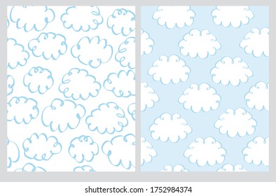 Cute Hand Drawn Abstract Cloudy Sky Vector Patterns. Light Blue Sketched Clouds on a White and Pastel Blue Background. Infantile Style Fluffy Clouds Vector Print. 