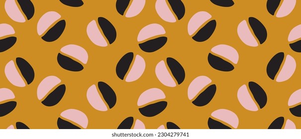 Cute Hand Drawn Abstract Coffee Grains Vector Pattern. Pink-Black Coffee Seeds on a Golden Orange Background. Simple Irregular Vector Print with Coffee Beans on a Mustard Yellow ideal for Fabric. 