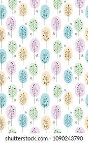 Cute Hand Drawn Abstract Colorful Trees Seamless Vector Pattern. Pastel Colour Treen Isolated on a White Background. Woodland Party Design.Lovely Multicolor Abstract Forest. Funny Infantile Style Art.