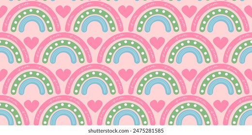 cute hand drawn abstract colorful rainbow and pink hearts seamless vector pattern background illustration
