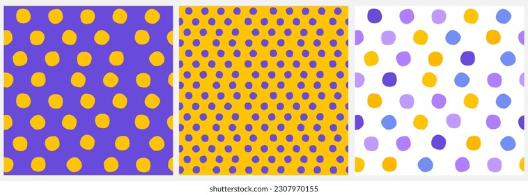 Cute Hand Drawn Abstract Dotted Vector Pattern. Polka Dots on a Violet, Yellow and White Background. Simple Childish Style Geometric Vector Print ideal for Fabric, Wrapping Paper. Vivid RGB Colors.