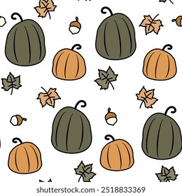 cute hand drawn abstract fall autumn season seamless vector pattern background illustration with colorful pumpkins, leaves and acorn