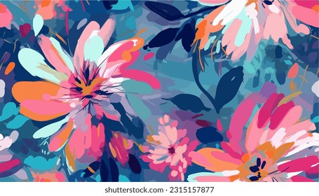 Cute hand drawn abstract flowers print. Modern cartoon style pattern. Fashionable template for design. Pink flower pattern, with blue backgrounds, vibrant acrylic colors brush strokes, vibrant florals
