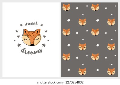 Cute Hand Drawn Abstract Fox Vector Illustration and Pattern. Lovely Sweet Dreams Nursery Art on a  White Background. Little Foxes Head and White Stars on a Brown Background. Funny Infantile Style.