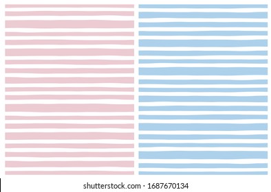 Patrones de vectores de bandas irregulares dibujados a mano. Líneas de pincel blancas aisladas en un fondo rosa pastel y azul claro. Impresión repetible simple de vectores a rayas para tela, papel de envolver. 