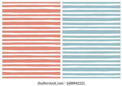 Cute Hand Drawn Abstract Irregular Stripe Vector Patterns. White Brush Lines Isolated on a Pale Red and Light Blue Background. Simple Striped Vector Repeatable Print for Fabric, Wrapping Paper. 