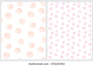 Cute Hand Drawn Abstract Irregular Polka Dots Vector Pattern Set. Salmon Pink and Light Pink Brush Dots on a White Background. Bright Watercolor Style Vector Print. Simple Dotted Layout.