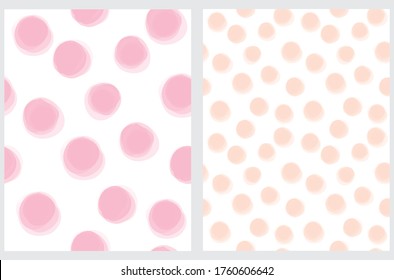 Cute Hand Drawn Abstract Irregular Polka Dots Vector Pattern Set. Pink and Salmon Pink Brush Dots Isolated on a White Background. Bright Watercolor Style Vector Print. Simple Dotted Layout.