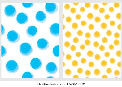 Cute Hand Drawn Abstract Irregular Polka Dots Vector Pattern Set. Blue and Yellow Brush Dots Isolated on a White Background. Bright Watercolor Style Vector Print. Simple Dotted Layout.