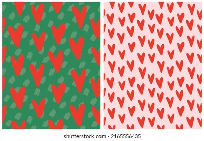 Cute Hand Drawn Abstract Irregular Romantic Vector Pattern. Simple Red hearts on a Green and Pastel Pink Background. Infantile Style Vector Print with Love Symbol. Cool Pattern.