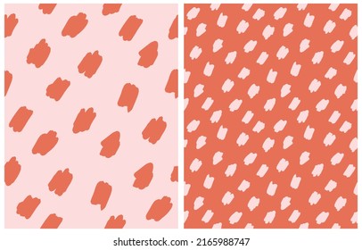 Cute Hand Drawn Abstract Irregular Brush Spots Vector Pattern. Simple Dabs on a Red and Pastel Pink Background. Infantile Style Vector Print. Cool Pattern.