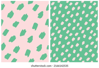 Cute Hand Drawn Abstract Irregular Brush Spots Vector Pattern. Simple Dabs on a Green and Pastel Pink Background. Infantile Style Vector Print. Cool Pattern.