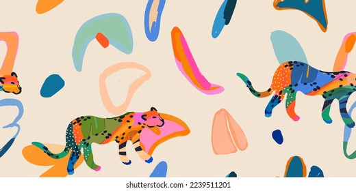 Cute hand drawn abstract leopards and shapes print. Creative collage contemporary seamless pattern. Fashionable template for design.