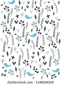 Cute Hand Drawn Abstract Meadow with  Birds Vector Pattern. Black Twigs, Flowers and Leaves and Blue Hearts and Birds Among Them. Simple Infantile Style Design. White Background. Irregular Ornament.