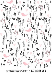 Cute Hand Drawn Abstract Meadow with  Birds Vector Pattern. Black Twigs, Flowers and Leaves and Pink Hearts and Birds Among Them. Simple Infantile Style Design. White Background. Irregular Ornament.