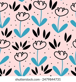 cute hand drawn abstract pink and blue flowers with black grass seamless vector pattern background illustration