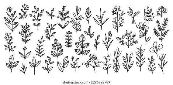 Cute hand drawn abstract plants and flowers line art Vector illustration. Trendy Modern cartoon style pattern template collection. for logo, tattoo, invitation, card, and prints.