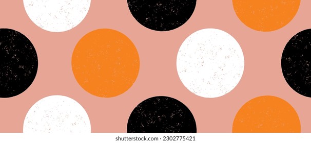 Cute Hand Drawn Abstract Polka Dots Vector Pattern. White, Orange and Black Brush Dots on a Coral Pink Background. Simple Grunge  Dotted Vector Print ideal for Fabric, Wrapping Paper. 