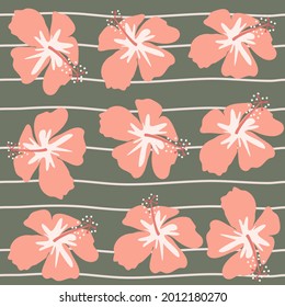 cute hand drawn abstract seamless vector pattern illustration with pink hibiscus flowers on striped green background