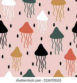 cute hand drawn abstract seamless vector pattern design illustration with colorful jellyfish silhouettes and black confetti on pink background	