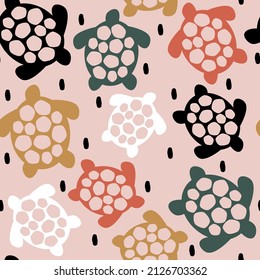 cute hand drawn abstract seamless vector pattern design illustration with colorful turtles silhouettes and black confetti on pink background	