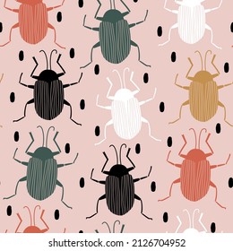cute hand drawn abstract seamless vector pattern design illustration with colorful beetle silhouettes and black confetti on pink background	