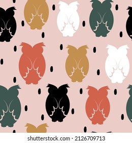 cute hand drawn abstract seamless vector pattern design illustration with colorful owl silhouettes and black confetti on pink background	