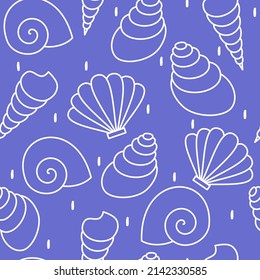 cute hand drawn abstract seamless vector pattern design illustration with seashells and white confetti on very peri background