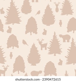 cute hand drawn abstract seamless vector pattern background illustration winter forest with trees, bears, rabbits, birds and reindeer