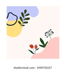 Cute hand drawn abstract shapes, flowers, green leaves. Cozy hygge scandinavian style template for postcard, poster, greeting card, kids t shirt design. Vector illustration in flat cartoon style