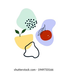 Helle, handgezeichnete abstrakte Formen, Früchte, grüne Blätter. Gemütliches, hellgraues Skandinavier-Template für Postkarte, Poster, Grußkarte, Kinder-T-Shirt-Design. Vektorgrafik im Flachbildkarikaturstil