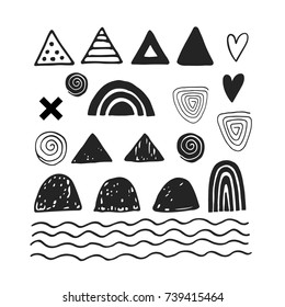 Cute hand drawn abstract shapes for decoration and making patterns in monochrome scandinavian style. Vector illustration.