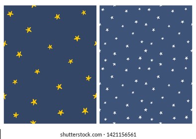 Cute Hand Drawn Abstract Star Vector Patterns. White and Yellow Stars Isolated on a Dark Blue Background.  Simple Infantile Starry Night Sky Repeatable Design for Textile, Wrapping Paper, Card.