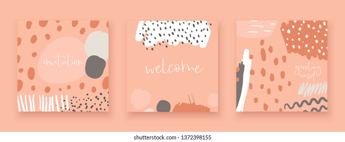 Cute hand drawn abstract style valentine, wedding cards, brochures, invitations with abstract elements, stripes, dots, strokes, text space