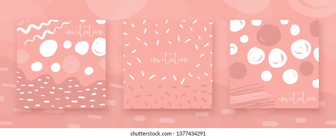 Cute hand drawn abstract style valentine, wedding cards, brochures, invitations with abstract elements, stripes, dots, strokes, text space in pink color