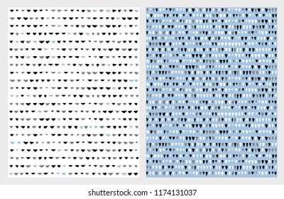 Cute Hand Drawn Abstract Triangles Vector Patterns. White, Blue, Black and Gray Triangles Isolated on a Blue and White Backgrounds. Irregular Simple Geometric Vector Design. Geometric Seamless Pattern