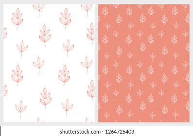 Cute Hand Drawn Abstract Twigs Vector Patterns. Coral and White Simple Background. Floral Repeatable Patterns. Hygge Style Illustration. Hygge Style Design.