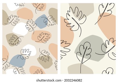 Cute Hand Drawn Abstract Twigs Vector Patterns. Black Leaves Isoletad on Simple Geometric Background. Line Art Style Floral Print. Irregular White, Pale Blue and Brown Spots on a Beige Background.