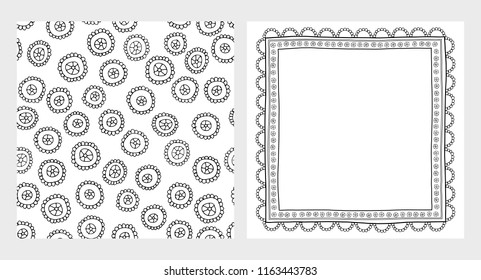 Cute Hand Drawn Abstract Vector Illustrations Set. Black Childish Simple Flowers. Delicate Infantile Lace Border. 