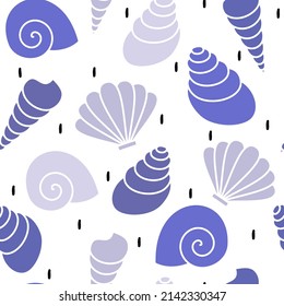 cute hand drawn abstract very peri seamless vector pattern design illustration with seashells and black confetti on white background