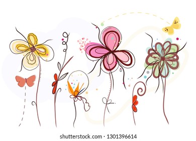 Cute hand drawn abstract vibrant colored Spring time flowers. Spring time blossom background